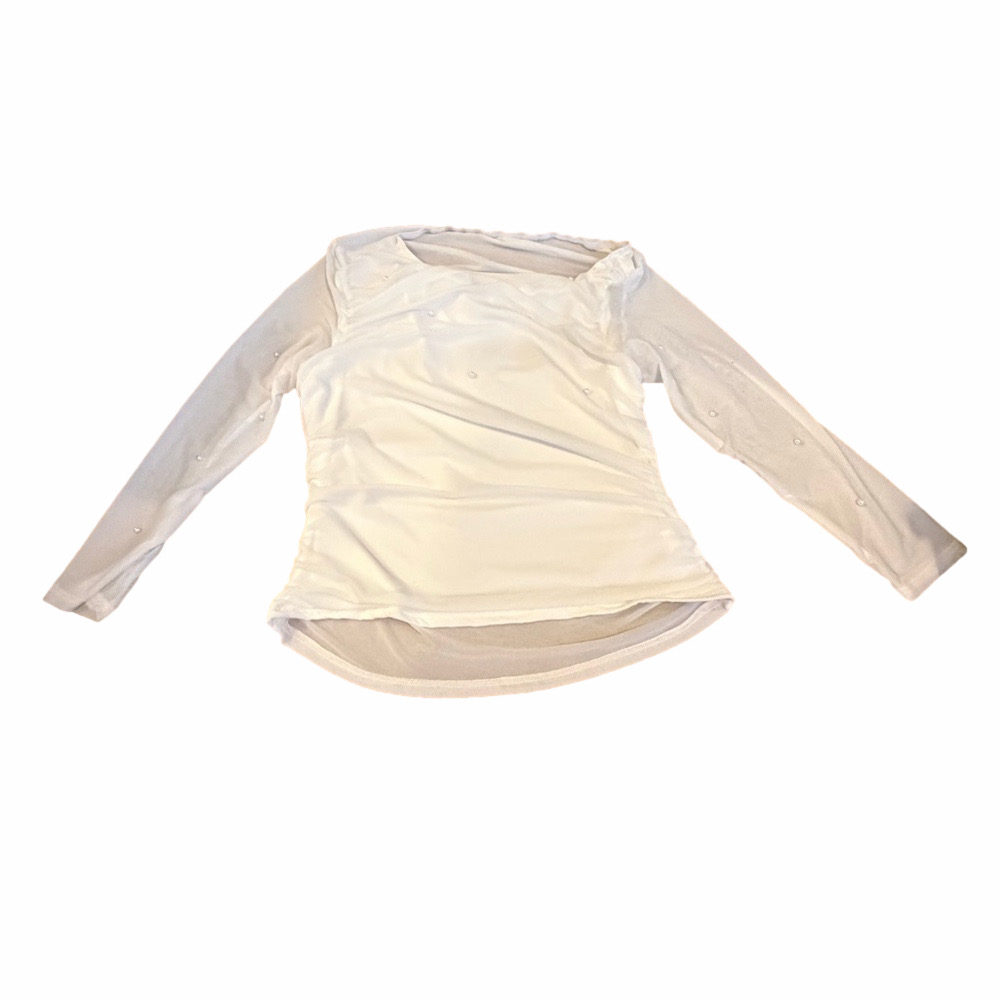 SHEIN Women’s White Sheer Long Sleeve Mesh Top With Pearl Embellishment